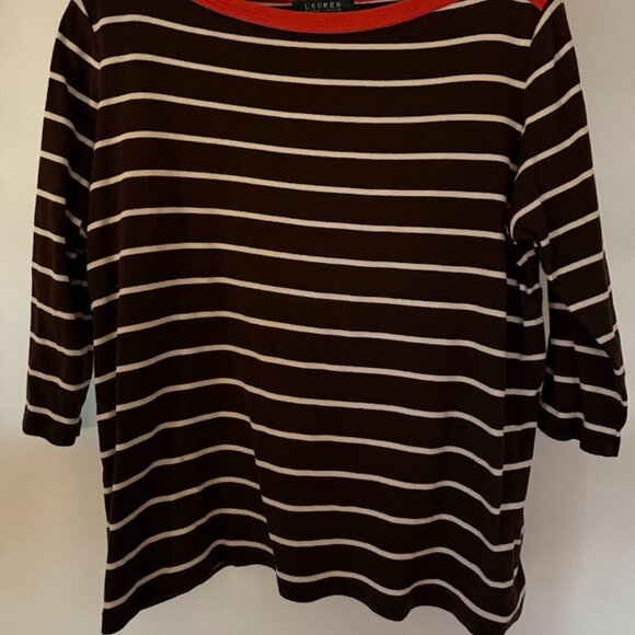 Ralph Lauren 3/4 Sleeve Jersey Top, Brown and White Striped Orange Neckline, 1X - Picture 3 of 5